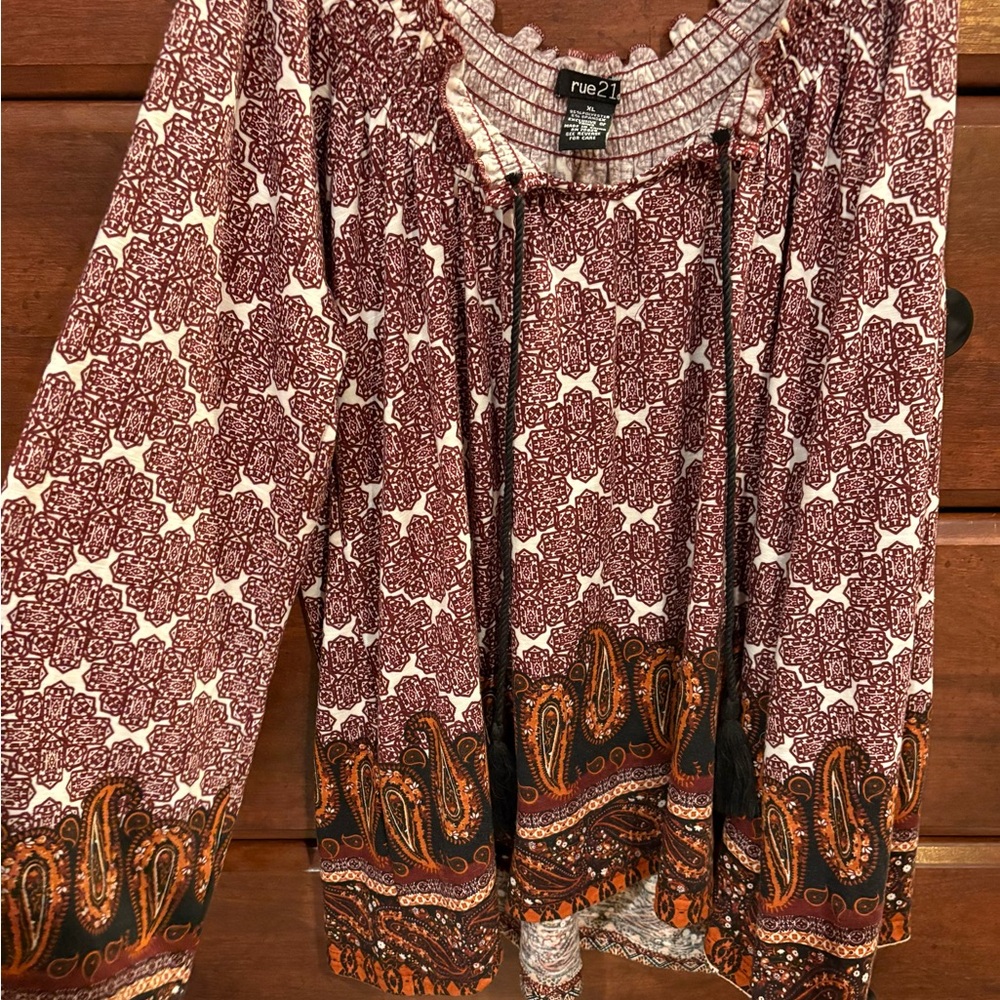 Women's Paisley Print Top - Maroon and Orange